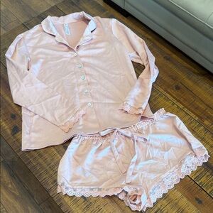 Flora Nikrooz Women’s Pink Lace-Trim Pajama Set - Soft Long Sleeve Top & Shorts